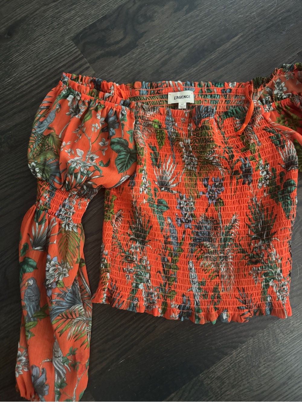 L'AGENCE Orange Tropical Smocked Off-Shoulder Crop Top
